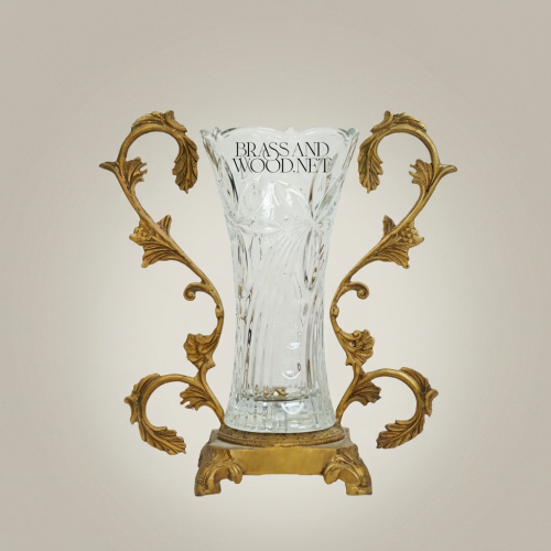 Rococo Acanthus Scrolled Brass Crystal Vase Ornate Foliate Stand Brass and Wood Gold Front | Brass & Wood