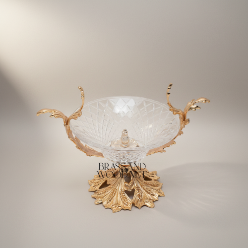 Rococo Acanthus Brass Cut Crystal Vase and Centerpiece Bowl Set Brass and Wood Gold Front | Brass & Wood