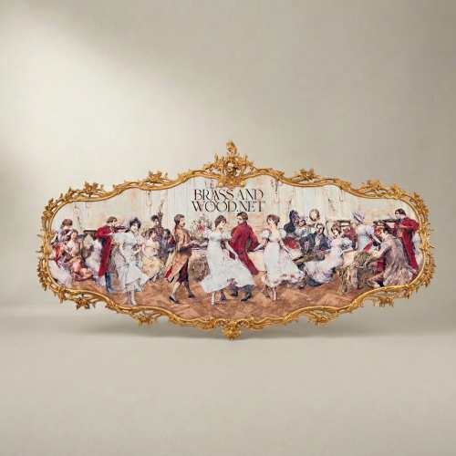 Rococo Ballroom Scene Tapestry Wall Panel Ornate Brass Cartouche Frame Brass and Wood Gold Front | Brass & Wood