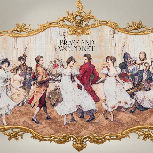 Rococo Ballroom Scene Tapestry Wall Panel Ornate Brass Cartouche Frame Brass and Wood Gold Front | Brass & Wood