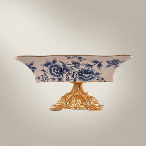 Rococo Blue Floral Ceramic Ashtray on Ornate Metal Pedestal Stand