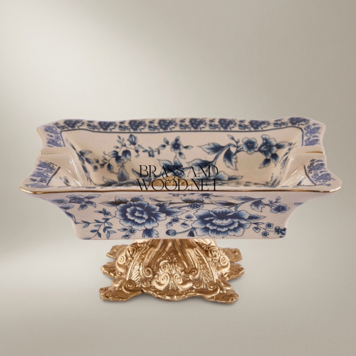Rococo Blue Floral Ceramic Ashtray on Ornate Metal Pedestal Base