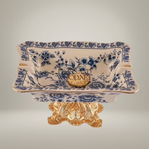 Rococo Blue Floral Ceramic Ashtray on Ornate Metal Pedestal Stand