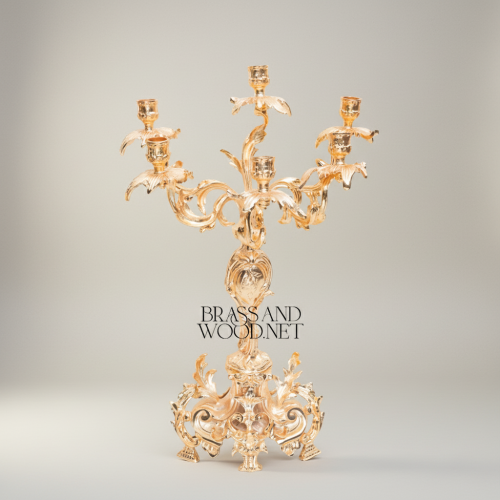 Rococo Brass 3-Piece Candelabra & Centerpiece Bowl Set - Acanthus Scroll Foliage