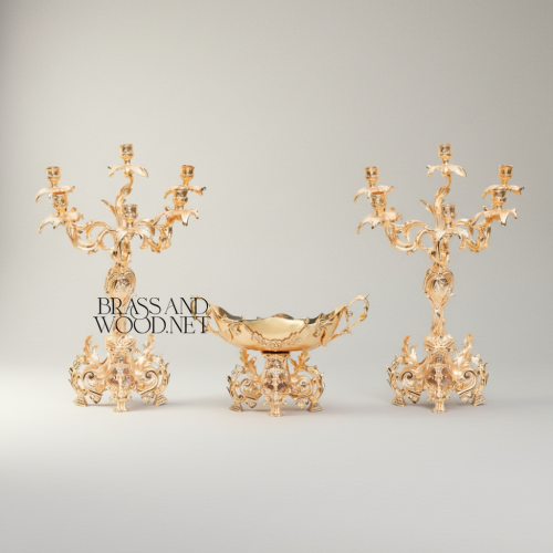 Rococo Brass 3-Piece Candelabra & Centerpiece Bowl Set - Acanthus Scroll Foliage