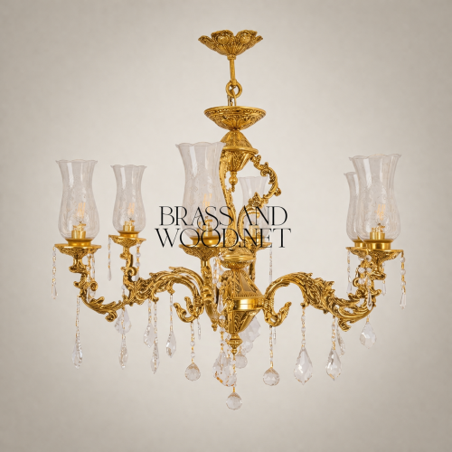 Rococo Brass 5-Arm Chandelier with Hurricane Glass Shades & Crystal Drops