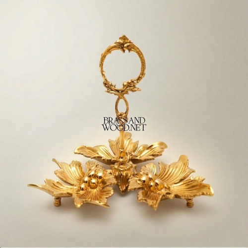 Rococo Brass Ashtray with Triple Floral Leaf Basin & Scroll Ring Handle