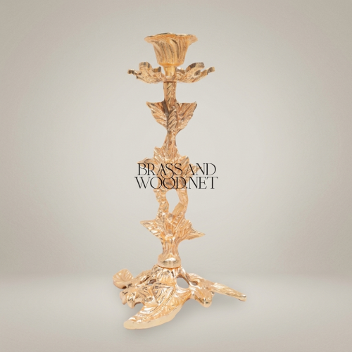Rococo Brass Single Arm Candlestick Holder Botanical Leaf Flower Ornate Design Brass and Wood Gold Front | Brass & Wood