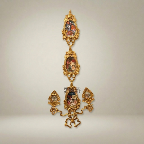 Rococo Brass Cascading Triple Oval Wall Medallion with Floral Ceramic Panels and Acanthus Scrollwork Gold Front | Brass & Wood