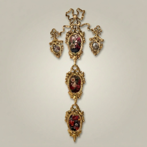 Rococo Brass Cascading Triple Oval Wall Medallion with Floral Ceramic Panels and Acanthus Scrollwork Gold Front | Brass & Wood