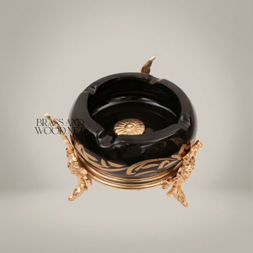 Rococo Brass and Black Ceramic Ashtray Arabesque Motifs Sculptural Foliage Stand Gold Front | Brass & Wood