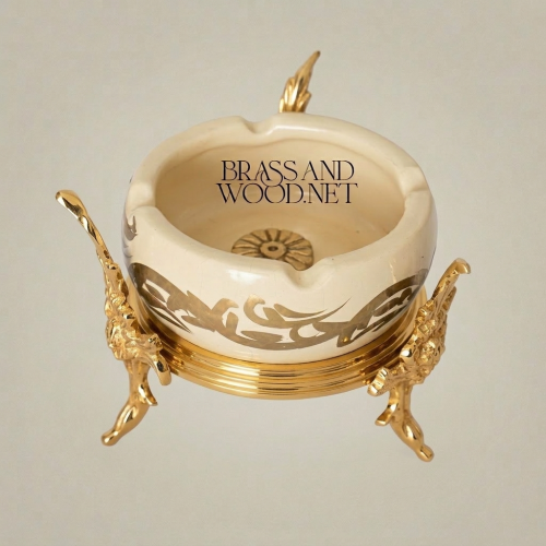 Rococo Brass Ceramic Ashtray Ornate Four-Leg Acanthus Stand Handcrafted Brass and Wood Gold Front | Brass & Wood
