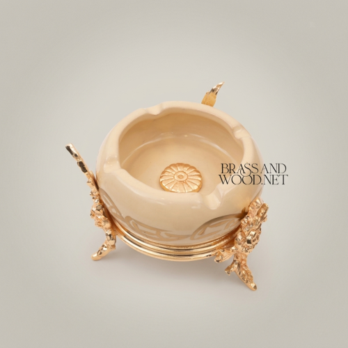 Rococo Brass & Ceramic Ashtray on Ornate Four-Leg Stand with Rosette Base