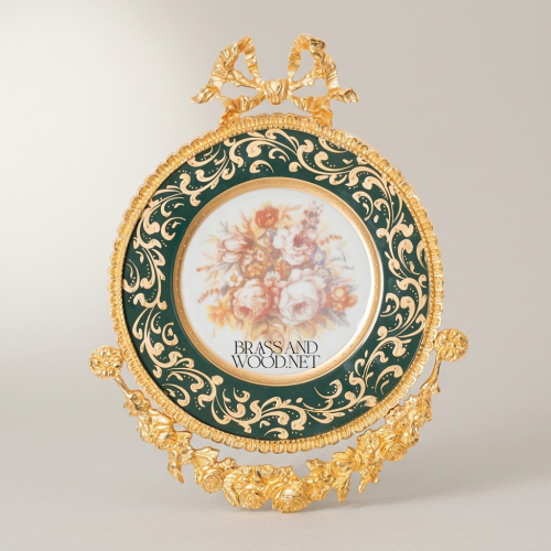 Rococo Circular Brass Ceramic Wall Medallion Green Enamel Floral Centre Ribbon Bow Brass and Wood Gold Front | Brass & Wood