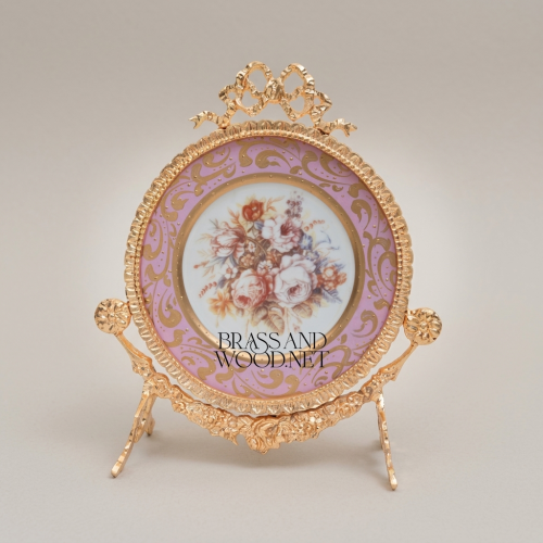 Rococo Brass & Ceramic Decorative Display Plate on Ornate Stand – Floral Bouquet Centre