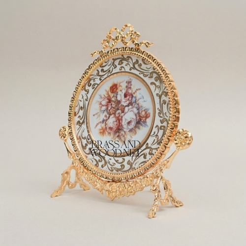 Rococo Brass & Ceramic Decorative Display Plate on Ornate Stand with Bow Crest