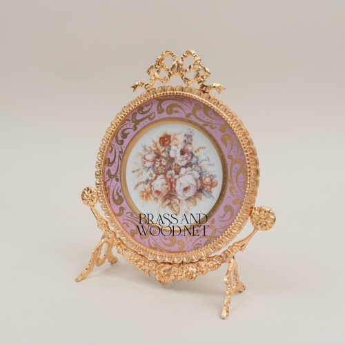 Rococo Brass & Ceramic Decorative Display Plate on Ornate Stand – Floral Bouquet Centre