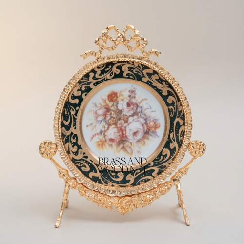 Rococo Brass & Ceramic Decorative Display Plate on Ornate Easel Stand - Botanical Floral Medallion