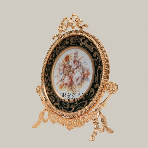 Rococo Brass & Ceramic Decorative Display Plate on Ornate Easel Stand - Botanical Floral Medallion