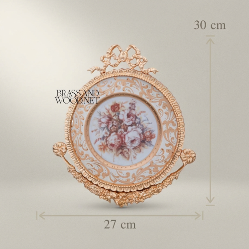 Rococo Heavily Ornate Brass Ceramic Decorative Wall Plate Floral Bouquet Ribbon Crown Brass and Wood Gold Front | Brass & Wood