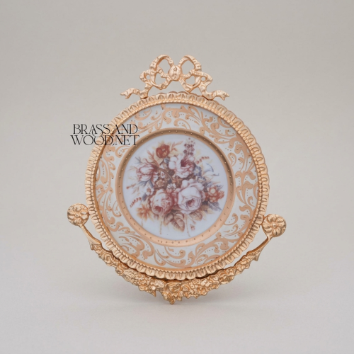 Rococo Heavily Ornate Brass Ceramic Decorative Wall Plate Floral Bouquet Ribbon Crown Brass and Wood Gold Front | Brass & Wood