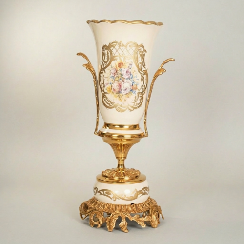 Rococo Brass & Ceramic Garniture Set - Hand-Painted Floral Medallion with Acanthus Base