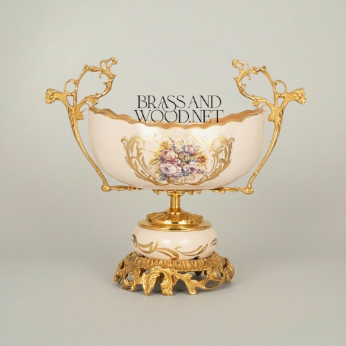 Rococo Brass & Ceramic Garniture Set - Hand-Painted Floral Medallion with Acanthus Base