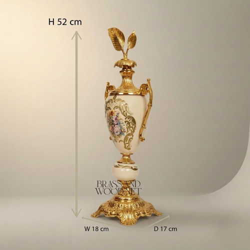 Rococo Brass Ceramic Lidded Trophy Vase Hand-Painted Floral Cartouche Ornate Gold Front | Brass & Wood