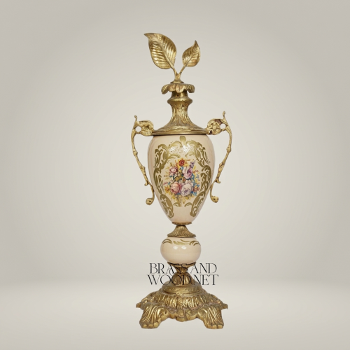 Rococo Brass Ceramic Lidded Trophy Vase Hand-Painted Floral Cartouche Ornate Gold Front | Brass & Wood