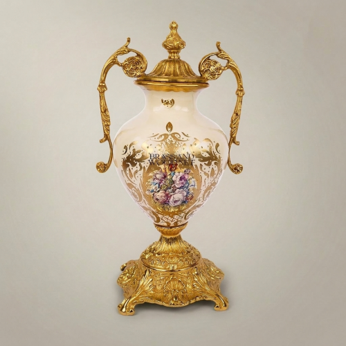 Rococo Brass & Ceramic Lidded Urn Vase with Scroll Handles and Floral Medallion