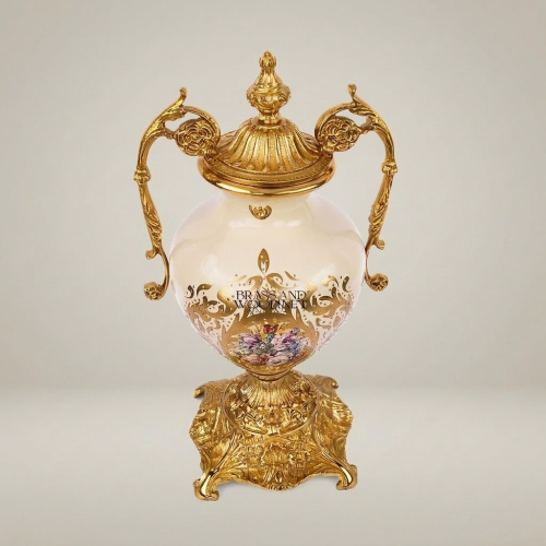 Rococo Brass & Ceramic Lidded Urn Vase with Scroll Handles and Floral Medallion