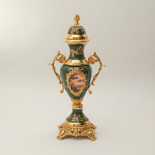 Rococo Brass & Ceramic Lidded Urn Vase Set with Pedestal Bowl - Forest Green Medallion