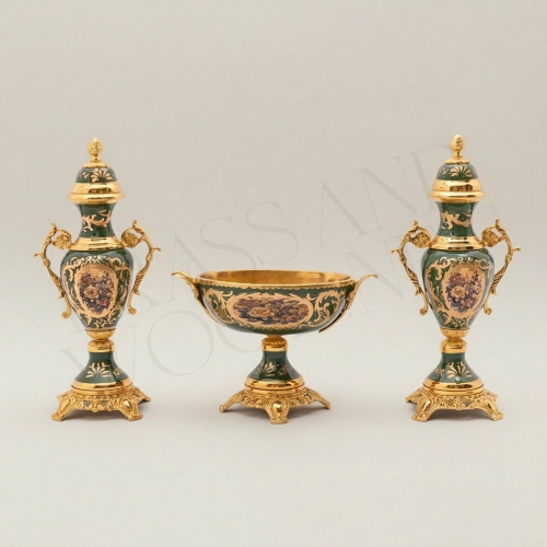 Rococo Brass & Ceramic Lidded Urn Vase Set with Pedestal Bowl - Forest Green Medallion