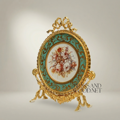 Rococo Brass & Ceramic Oval Display Plate on Stand – Turquoise Floral Bouquet