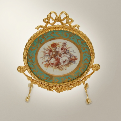 Rococo Brass & Ceramic Oval Display Plate on Stand – Turquoise Floral Bouquet