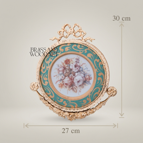 Rococo Round Brass Ceramic Wall Plaque Turquoise Floral Bouquet Ribbon Crest Brass and Wood Gold Front | Brass & Wood