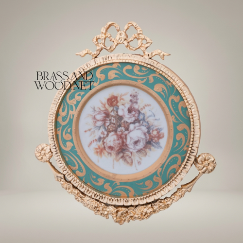 Rococo Round Brass Ceramic Wall Plaque Turquoise Floral Bouquet Ribbon Crest Brass and Wood Gold Front | Brass & Wood