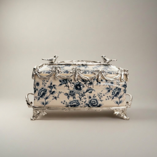 Rococo Brass Ceramic Tissue Box Blue Floral Toile Swag Decor Bird Finials Brass and Wood silver Front | Brass & Wood