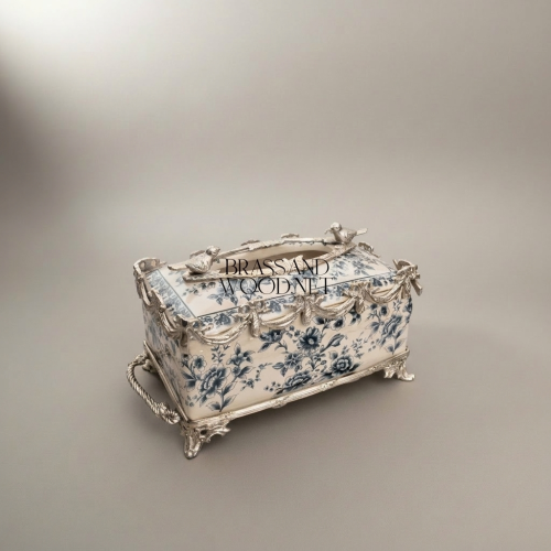 Rococo Brass Ceramic Tissue Box Blue Floral Toile Swag Decor Bird Finials Brass and Wood silver Front | Brass & Wood