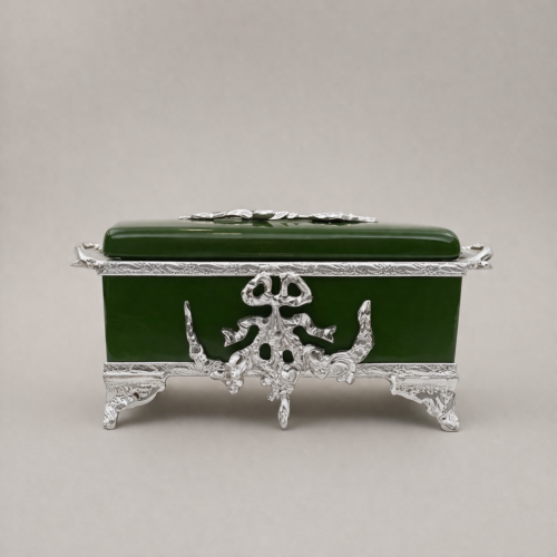 Rococo Brass Ceramic Tissue Box Holder Green Acanthus Scrollwork Ornate Frame silver Front | Brass & Wood