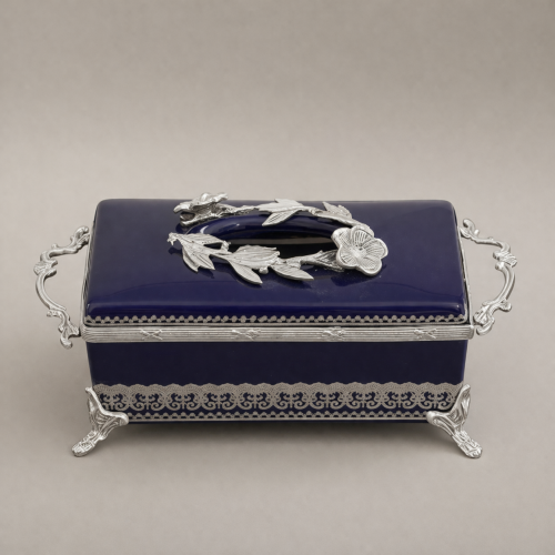 Rococo Brass & Ceramic Tissue Box - Navy Blue Floral Wreath Lid