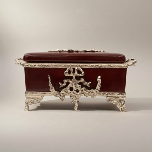 Rococo Handcrafted Brass Ceramic Tissue Box Wine Glaze Ornate Scrollwork Frame silver Front | Brass & Wood