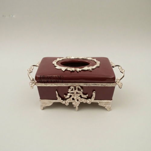 Rococo Handcrafted Brass Ceramic Tissue Box Wine Glaze Ornate Scrollwork Frame silver Front | Brass & Wood