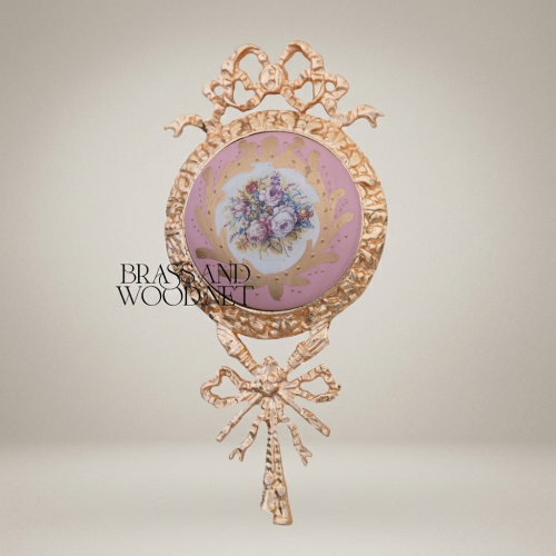 Rococo Brass Wall Medallion with Ribbon Crest and Hand-Painted Floral Ceramic Insert – Brass & Wood Gold Front | Brass & Wood