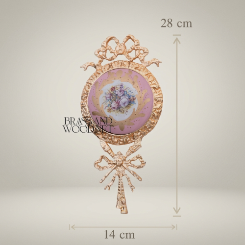 Rococo Brass Wall Medallion with Ribbon Crest and Hand-Painted Floral Ceramic Insert – Brass & Wood Gold Front | Brass & Wood