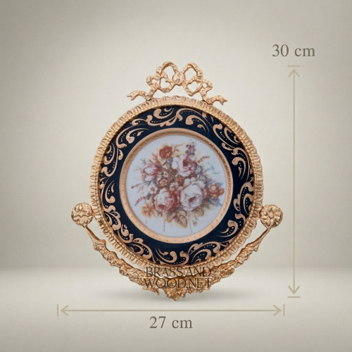 Rococo Handcrafted Brass and Ceramic Decorative Wall Plate Cobalt Floral Medallion Bow Crest Gold Front | Brass & Wood