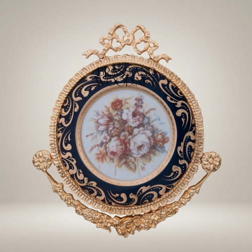 Rococo Handcrafted Brass and Ceramic Decorative Wall Plate Cobalt Floral Medallion Bow Crest Gold Front | Brass & Wood