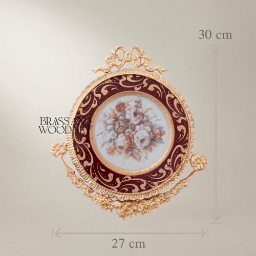 Rococo Brass and Ceramic Circular Wall Plate Crimson Floral Bouquet Gilt Acanthus Frame Brass and Wood Gold Front | Brass & Wood