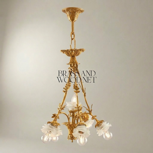 Rococo Brass Chandelier Five-Light Floral Frosted Glass Shades