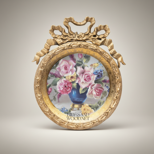 Rococo Brass Circular Hanging Plate with Ribbon Bow Crown & Floral Motif